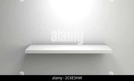 3D-Rendering eines leeren weißen Regals auf einer weißen Wand für eine minimalistische Produktpräsentation Stockfoto