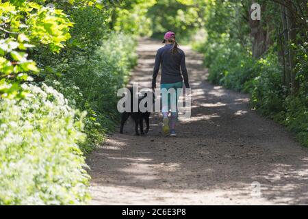 Frau, die mit Hund auf dem Weg geht Stockfoto