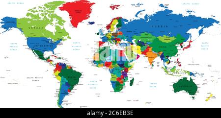 Sehr detaillierte Weltkarte mit Ländern, Großstädten und anderen Labels. Stock Vektor