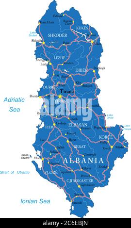 Sehr detaillierte Vektorkarte von Albanien mit Verwaltungsregionen, Hauptstädten und Straßen. Stock Vektor