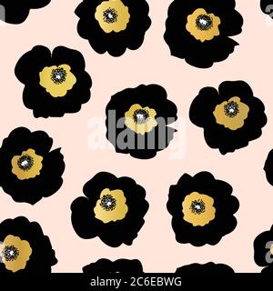 Wiederholende Vektor Muster schwarz und goldene Blumen auf einem rosa Hintergrund. Nahtloses Blumenmuster mit Kunstgold-Effekt. Skandinavischer Stil elegant Stock Vektor