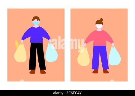 Eine Frau und ein Mann tragen Masken und halten Plastiktüten. Keine Maske Kein Eintrag Richtlinienschild. Maskierte Shopping-Illustration. Sicherheitsmaßnahmen (Covid-19) Stock Vektor