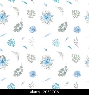 Aquarell Nahtloses Muster von Blumen und Grün auf weißem Hintergrund. Rose Magnolia Blätter, tropische Blätter, der Zweig des Eukalyptus Stockfoto
