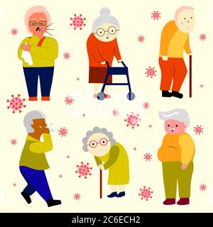 Ältere Menschen, die von Coronavirus bedroht sind (COVID-19). Rette die älteren Menschen vor dem Coronavirus. Stock Vektor