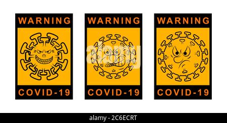 Set mit Vorsicht Pandemic stop Novel Coronavirus Outbreak covid 19 Vorlage für Designs. Warnung und Quarantäne. Schützen und Aufmerksamkeit Cartoon-Symbol. Ort Stock Vektor