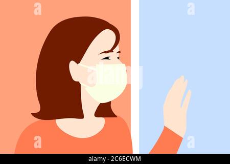 Depression und Einsamkeit von sozialer Distanzierung, isoliert allein zu Hause bleiben bei Coronavirus oder COVID-19 Krise. Traurig, unglücklich, niedergeschlagen. Stock Vektor