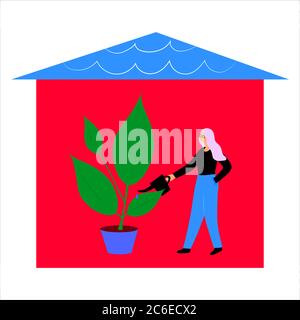 Frau wässern Pflanzen und zu Hause bleiben während Coronavirus Pandemie. Bleiben Sie zu Hause und bleiben Sie sicher mit sozialen Distanzierungen. Stock Vektor