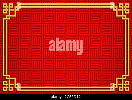 Chinesischer Rahmen rechteckiger Hintergrund. Goldbindung auf rot gemustertem Hintergrund. Vektorgrafik Stock Vektor