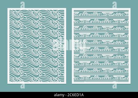 Laser geschnitten Vorlagen Muster. Flüsse Wellen Orientalische Stil Landschaft Metall Schneiden oder Holz Schnitzen, Panel-Design, Schablone für Laub, Papierkunst, Karte b Stock Vektor