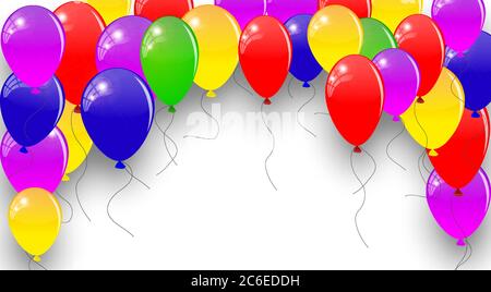 Mehrfarbige Ballons horizontaler Hintergrund. Ein Bogen aus glänzenden Heliumkugeln mit Platz für Text auf weißem Hintergrund. Vektorgrafik. Stock Vektor