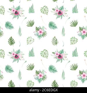 Aquarell nahtlose Muster aus floralen Elementen auf weißem Hintergrund. Rosa Blüten rosa Mohnblätter, tropische Blätter Palmblatt. Botanisches Muster Stockfoto