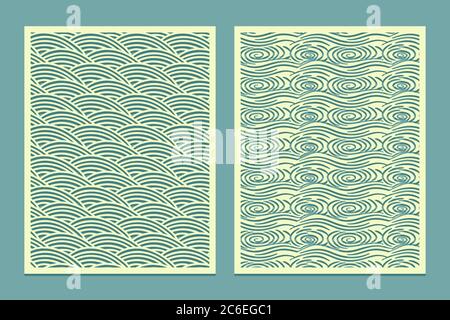 Set Vorlage für Schnittmuster marine Wellen orientalischen Stil Landschaft Metall Schneiden oder Holz Schnitzen, Panel Design Schablone für Laub Papier Kunstkarte Stock Vektor