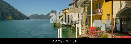 Gandria, Schweiz - 6. Juni 2020: Das Dorf Gendria am Luganer See in der Schweiz Stockfoto