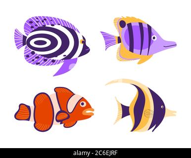 Tropic Fisch Set isoliert auf weißem Hintergrund. Exotische Unterwasserwesen. Flache Vektorgrafik. Stock Vektor