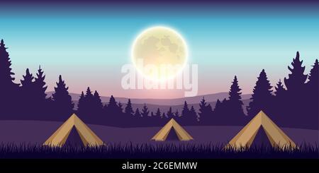 Nächtliches Campen bei Vollmond-Zelten auf Wiese mit Bergblick Vektorgrafik EPS10 Stock Vektor