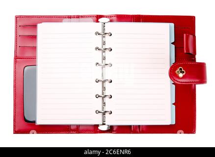 Öffnen Sie den leeren roten Lederplaner Stockfoto