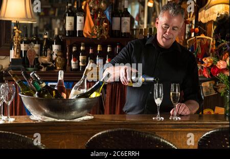 Barkeeper gießen wit Weinflaschen in Eis Eimer Wein Bar, Pentagoet Inn, Maine, USA Stockfoto