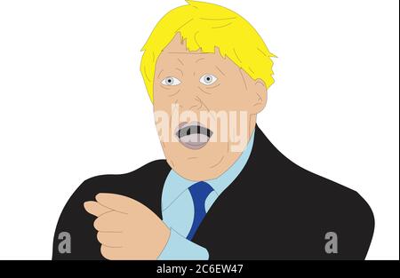 Illustration von Boris Johnson, Premierminister, zeigt in Unglauben, erwischt Reporter Stock Vektor