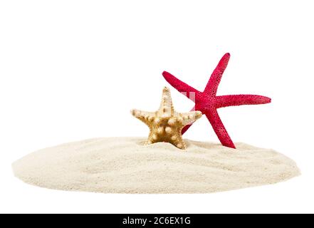 Meer Sterne und Sand, isoliert auf weißem Hintergrund. Sommer Strand Konzept. Stockfoto