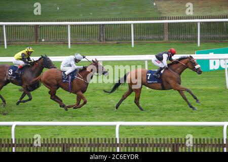 Dame Malliot, die von Hollie Doyle geritten wird, gewinnt die Tattersalls-Einsätze der Prinzessin von Wales am ersten Tag des Moet and Chandon July Festivals auf der Newmarket Racecourse. Stockfoto