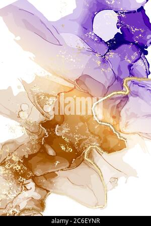 Aquarell abstrakte violette Tinte, Flüssigkeit fließen isoliert auf weiß, Mode Kontrast Alkohol Tinte ombre Palette, grungy schmieren rustikal braun violett, Gold blu Stock Vektor