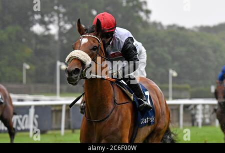 Dame Malliot, die von Hollie Doyle geritten wird, gewinnt die Tattersalls-Einsätze der Prinzessin von Wales am ersten Tag des Moet and Chandon July Festivals auf der Newmarket Racecourse. Stockfoto