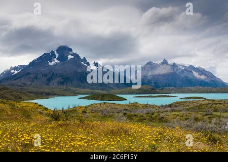 Blick über den Lago Pehoe auf die Torres del Paine im Nationalpark Torres del Paine in Patagonien in den Anden in Chile Stockfoto