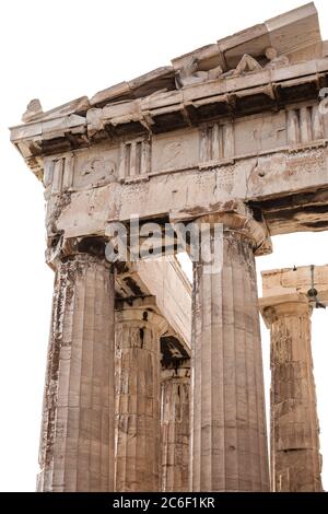 Fragment des Parthenon, ein archaischer Tempel, der auf der Akropolis von Athen gelegen ist Stockfoto