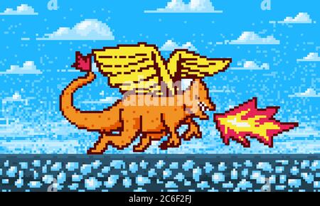 Feuerdrache und Wolken. Spielkonzept. Pixel Art 8 Bit Objekte. Retro-Spielelemente. Modeikone. Vintage Computer Video Hintergrund. Stock Vektor