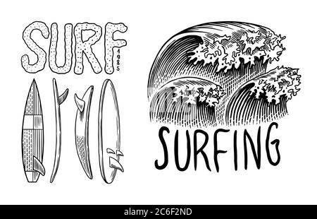 Surfabzeichen. Retro Wave. Vintage Surfer-Logo. Sommer-kalifornische Labels. Surfbrett und Meer. Emblem mit Gravur handgezeichnet. Banner oder Poster. Stock Vektor