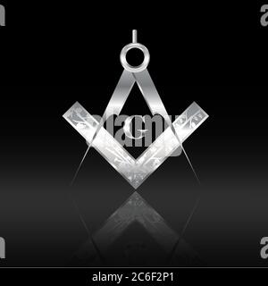 Altmodisch graviert Silber Quadrat und Kompass auf schwarz isoliert Hintergrund Stock Vektor