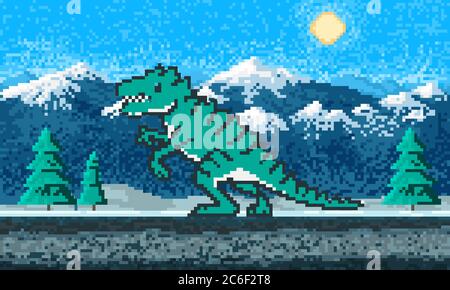 Feuer Dinosaurier und Berglandschaft. Spielkonzept. Pixel Art 8 Bit Objekte. Retro-Spielelemente. Modeikone. Video zu Vintage-Computern Stock Vektor