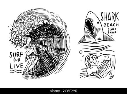 Surfabzeichen. Retro Wave. Vintage Surfer-Logo. Sommer-kalifornische Labels. Mann auf dem Surfbrett. Emblem mit Gravur handgezeichnet. Banner oder Poster. Stock Vektor