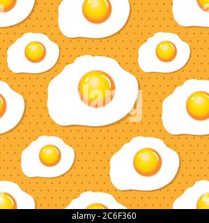 Ein nahtloses Muster aus Spiegeleiern auf einem gelben und orangefarbenen Polka-Punkt-Hintergrund. EPS10-Vektorformat. Stock Vektor