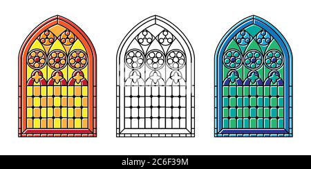Eine Reihe von gotischen Stil Glasfenster in kühlen Tönen, warmen Tonas und schwarz-weiß Umriss. EPS10-Vektorformat Stock Vektor