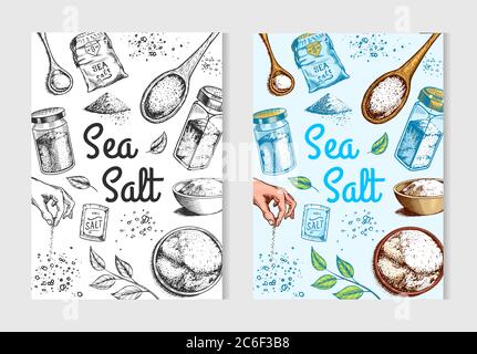Poster und Banner zum Meersalz. Vintage-Labels. Glasflaschen, Verpackungen und Blätter, Holzlöffel, Pulver, Gewürz in der Hand. Graviert Stock Vektor