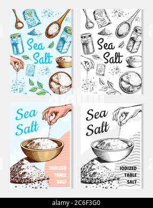 Poster und Banner zum Meersalz. Vintage-Labels. Glasflaschen, Verpackungen und Blätter, Holzlöffel, Pulver, Gewürz in der Hand. Graviert Stock Vektor