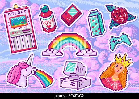 Pixel Art 8 Bit Objekt für Aufkleber. Retro-Spielelemente. Set von rosa Mode-Ikonen. Vintage Girly Aufkleber. Arcades Computer-Video. Zeichen Stock Vektor