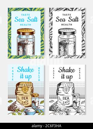 Poster und Banner zum Meersalz. Vintage-Labels. Glasflaschen, Verpackungen und Blätter, Holzlöffel, Pulver, Gewürz in der Hand. Graviert Stock Vektor
