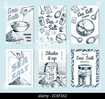 Poster und Banner zum Meersalz. Vintage-Labels. Glasflaschen, Verpackungen und Blätter, Holzlöffel, Pulver, Gewürz in der Hand. Graviert Stock Vektor
