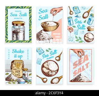 Poster und Banner zum Meersalz. Vintage-Labels. Glasflaschen, Verpackungen und Blätter, Holzlöffel, Pulver, Gewürz in der Hand. Graviert Stock Vektor