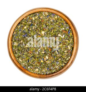 Taboulei Gewürzmischung in Holzschüssel, auch bekannt als Tabouli oder Taboulah, um einen Levantine Bulgur Salat zu würzen. Stockfoto