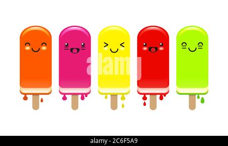 Süße Fruchteis Lollies mit Gesichtern. Obstsorten oder Orange, Himbeere, Zitrone, Erdbeere und Limette. EPS10-Vektorformat Stock Vektor