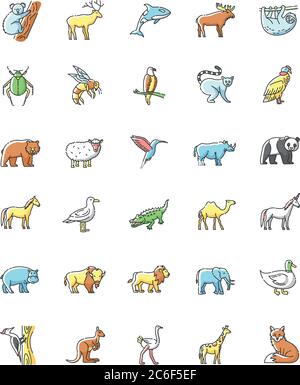 RGB-Farbsymbole für Wildtiere eingestellt. Gewöhnliche Tiere und tropisches wildes Leben. Verschiedene Naturbewohner, Vögel, Säugetiere und Meeresleben. Isolierte Vektorgrafik Stock Vektor