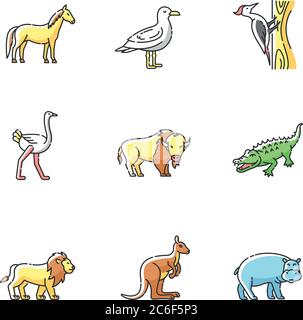 Fliegende und Landtiere RGB-Farbsymbole gesetzt. Gemeinsame Vögel und exotische Tiere. Verschiedene Pflanzenfresser Säugetiere und Raubtiere. Isolierte Vektorgrafik Stock Vektor