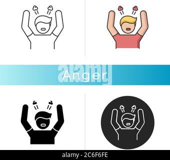 Symbol „Ärger“. Negative Emotionen, schlechte Laune. Lineare Schwarz- und RGB-Farbstile. Emotionales Stressmanagement, Problem der Wut-Kontrolle. Aggressives Verhalten. A Stock Vektor