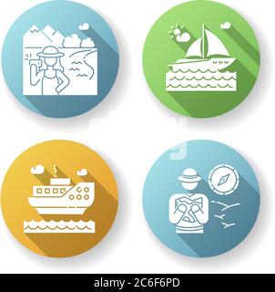 Beliebte Urlaubsaktivitäten flaches Design lange Schatten Glyphen Symbole gesetzt. Schifffahrt, luxuriöse Segelfahrt, Insta-Tourismus und exotische Safari. Moderner Urlaub r Stock Vektor