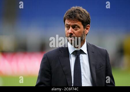 Mailand (Italien) - 07. Juli 2020. Die italienische Serie A. Juventus FC-Präsidentin Andrea Agnelli blickt vor den Mailand als Mailand zwischen AC Mailand und Juventus FC. Stockfoto