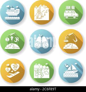 Urlaub Reise flach Design lange Schatten Glyphe Symbole gesetzt. Aktiver Tourismus, Abenteuer und Reisen. Verschiedene touristische Freizeitaktivitäten im Urlaub. Si Stock Vektor