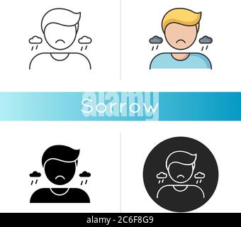 Symbol für Trauer. Negative Emotionen, schlechtes Gefühl. Traurigkeit, Trauer und Depression. Lineare Schwarz- und RGB-Farbstile. Emotionaler Stress, Problem. Traurig, hoch Stock Vektor
